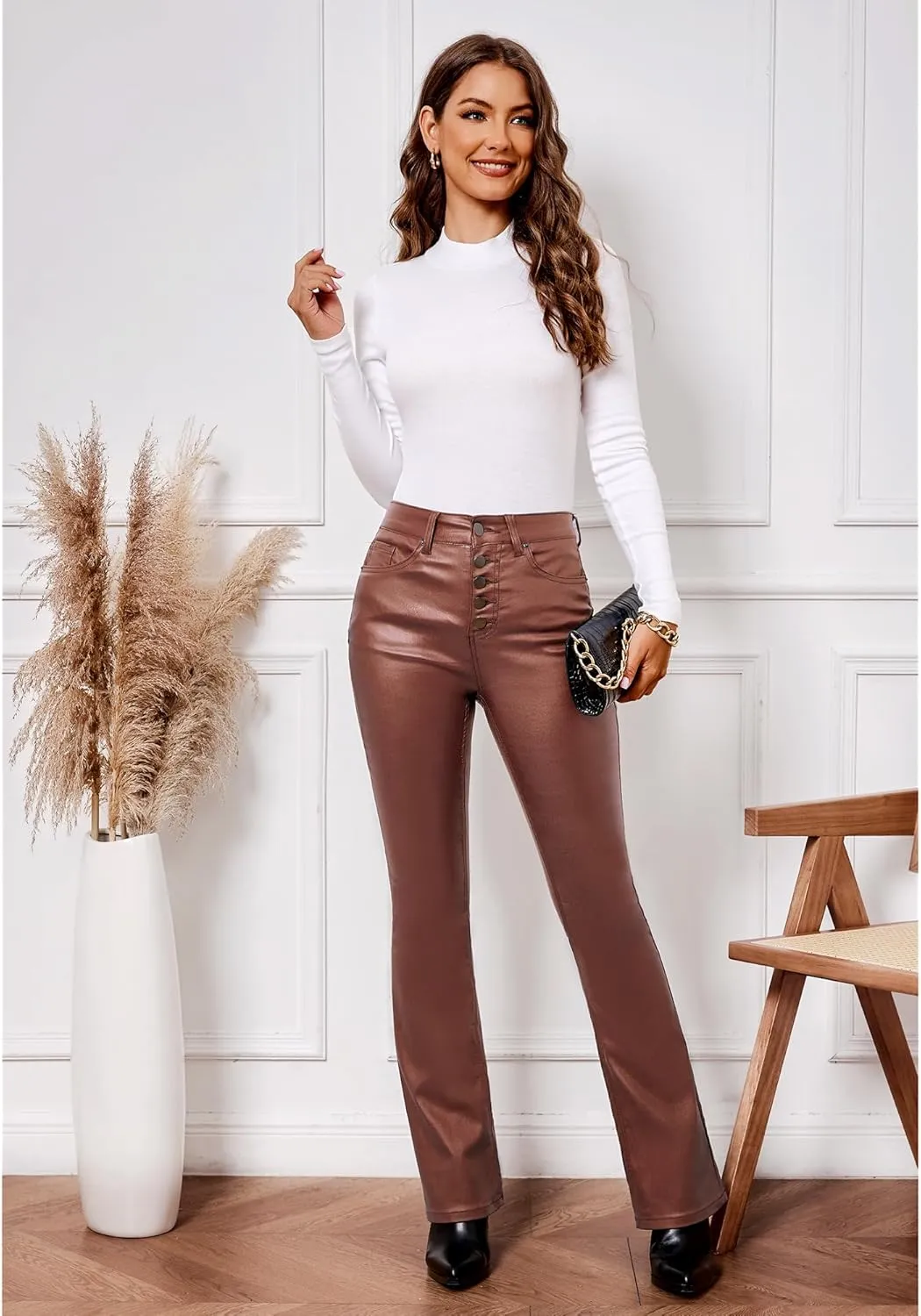 GRAPENT Flare Pants for Women High Wasited Stretchy Faux Leather Look Button Fly Jeans Trendy Bell Bottom Trousers
