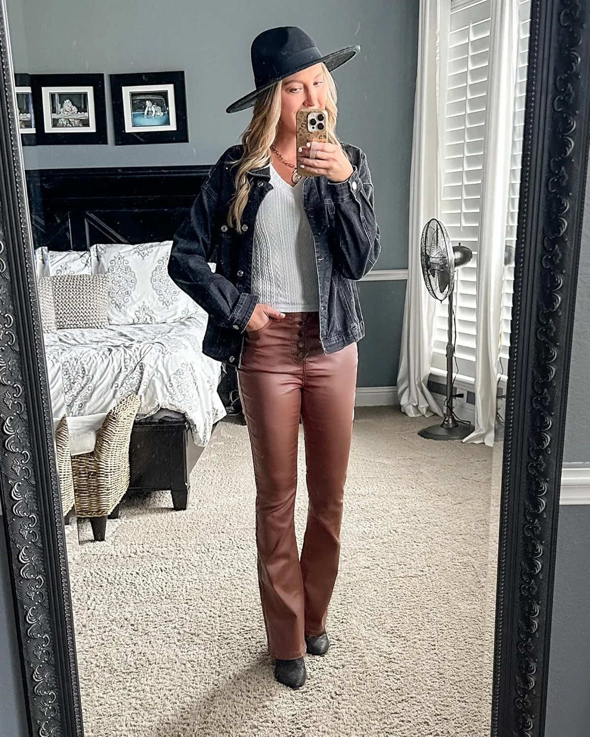 GRAPENT Flare Pants for Women High Wasited Stretchy Faux Leather Look Button Fly Jeans Trendy Bell Bottom Trousers