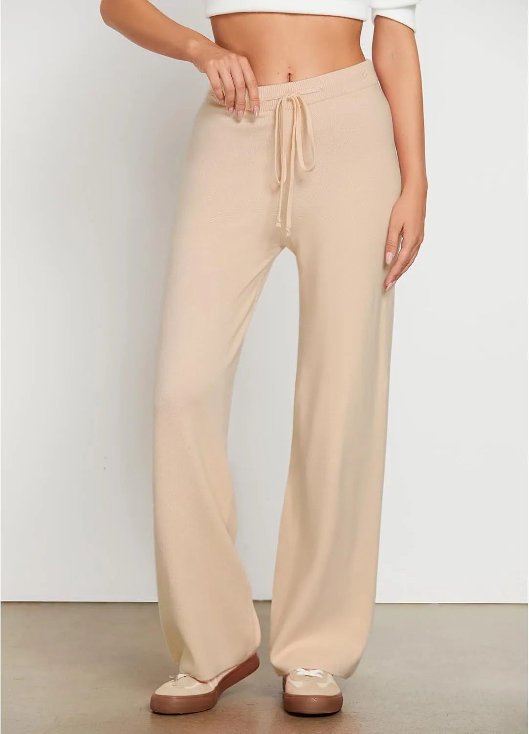GRAPENT Women's Ribbed Knit Flowy Winter Pants Elastic Waist Tie Front Wide Leg Sweater Pants