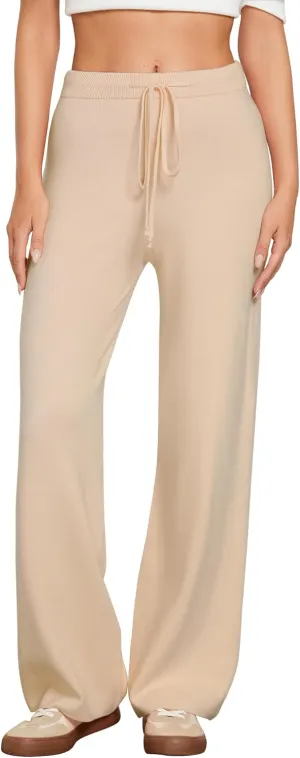 GRAPENT Women's Ribbed Knit Flowy Winter Pants Elastic Waist Tie Front Wide Leg Sweater Pants