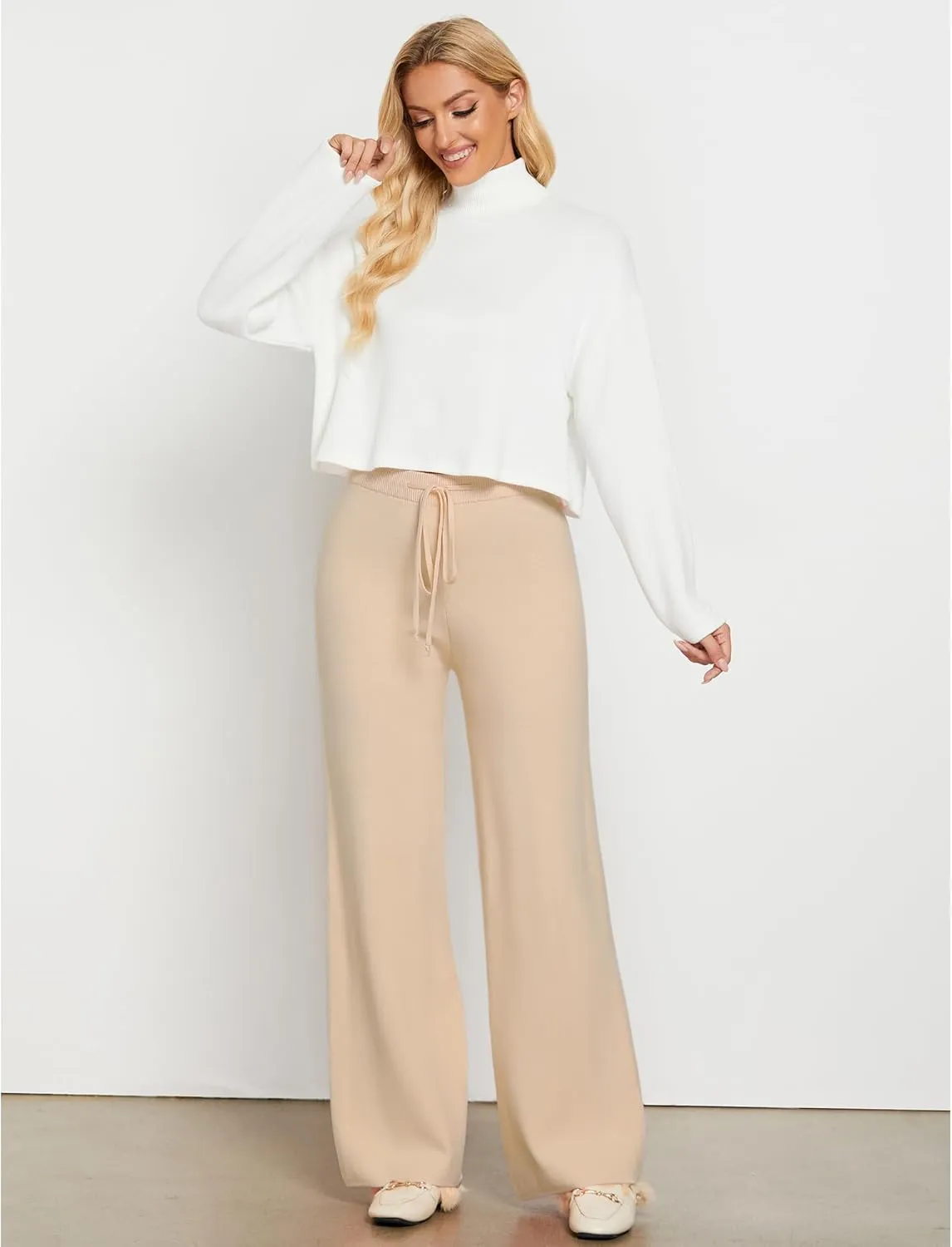 GRAPENT Women's Ribbed Knit Flowy Winter Pants Elastic Waist Tie Front Wide Leg Sweater Pants
