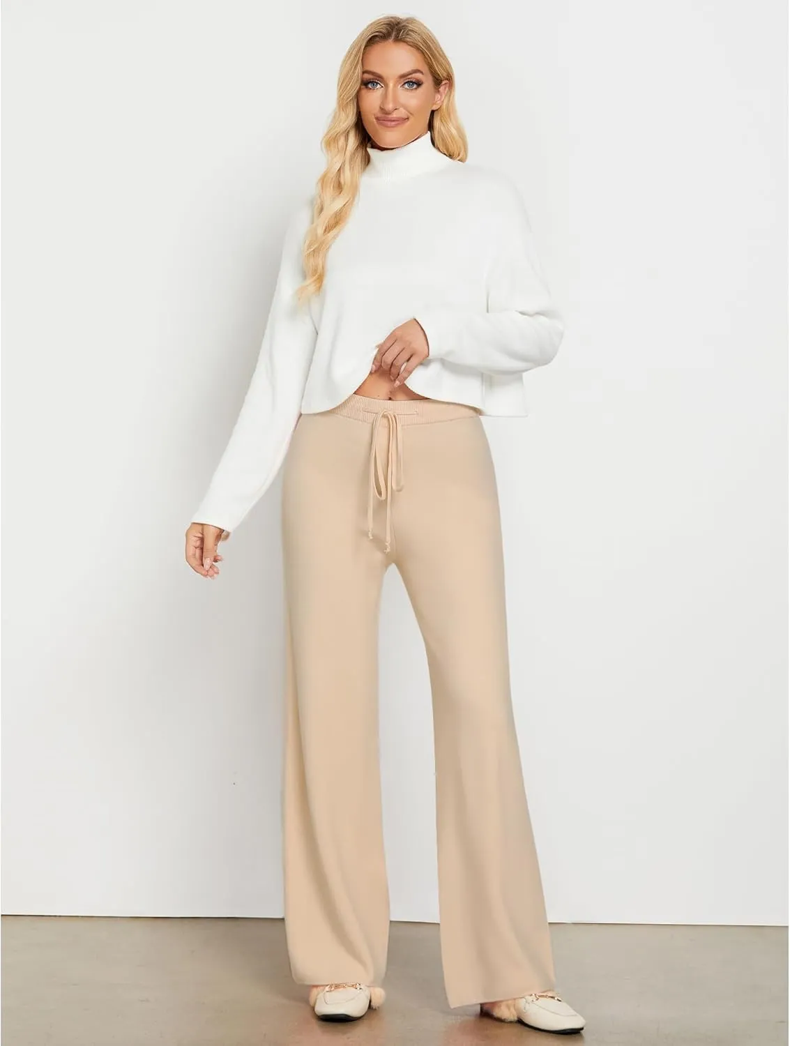 GRAPENT Women's Ribbed Knit Flowy Winter Pants Elastic Waist Tie Front Wide Leg Sweater Pants