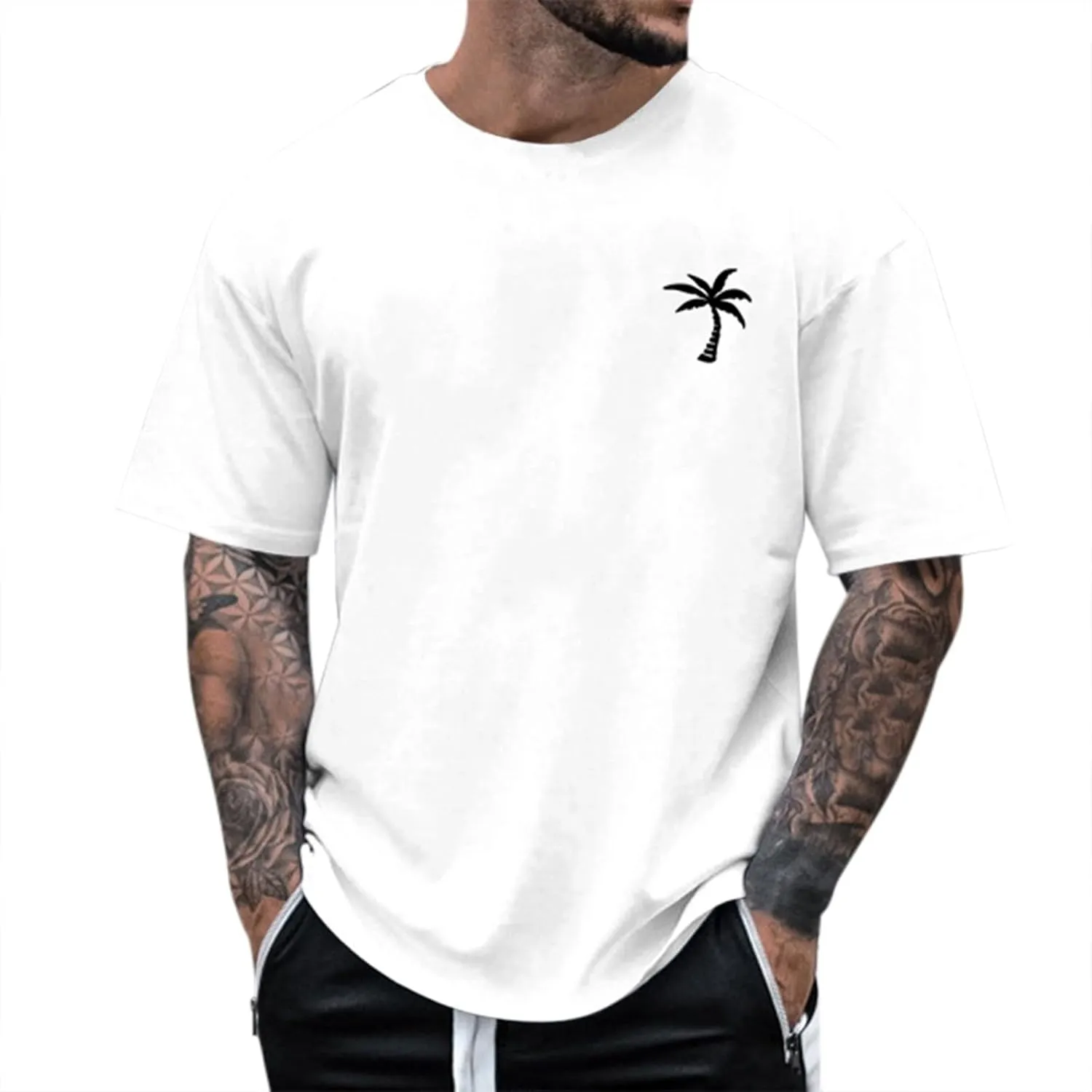 Graphic T Shirts for Man Summer Beach Palm Tree Print Crew Neck Short Sleeve Tees Classic Oversized Heavy Cotton Tops