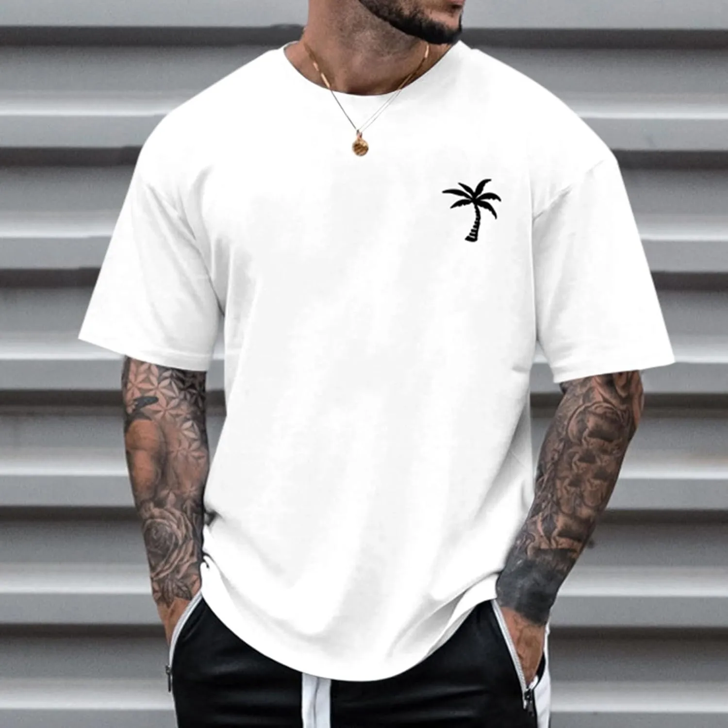 Graphic T Shirts for Man Summer Beach Palm Tree Print Crew Neck Short Sleeve Tees Classic Oversized Heavy Cotton Tops