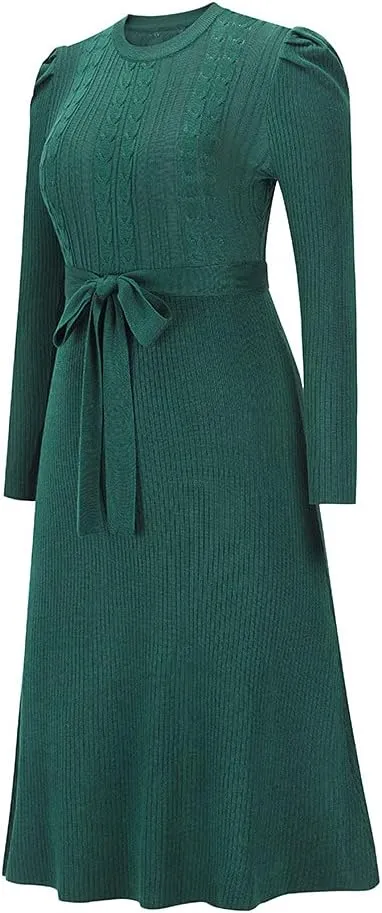 Guteidee Sweater Dress for Women High-Waisted Pleated Knit Dress A-Line Swing Skirt Sweater Puff Long Sleeve Midi Dress