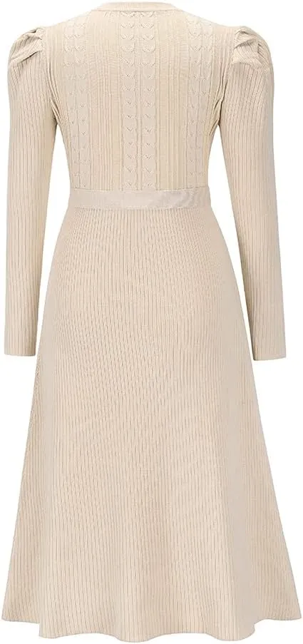 Guteidee Sweater Dress for Women High-Waisted Pleated Knit Dress A-Line Swing Skirt Sweater Puff Long Sleeve Midi Dress