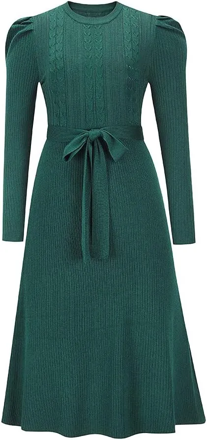 Guteidee Sweater Dress for Women High-Waisted Pleated Knit Dress A-Line Swing Skirt Sweater Puff Long Sleeve Midi Dress
