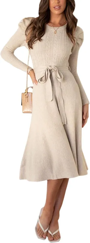 Guteidee Sweater Dress for Women High-Waisted Pleated Knit Dress A-Line Swing Skirt Sweater Puff Long Sleeve Midi Dress