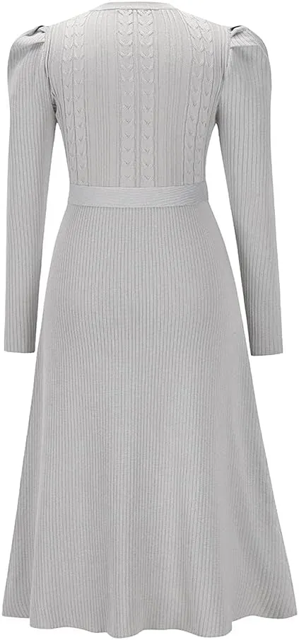 Guteidee Sweater Dress for Women High-Waisted Pleated Knit Dress A-Line Swing Skirt Sweater Puff Long Sleeve Midi Dress