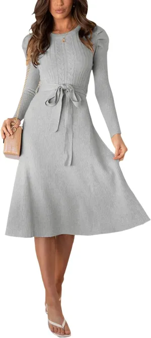 Guteidee Sweater Dress for Women High-Waisted Pleated Knit Dress A-Line Swing Skirt Sweater Puff Long Sleeve Midi Dress