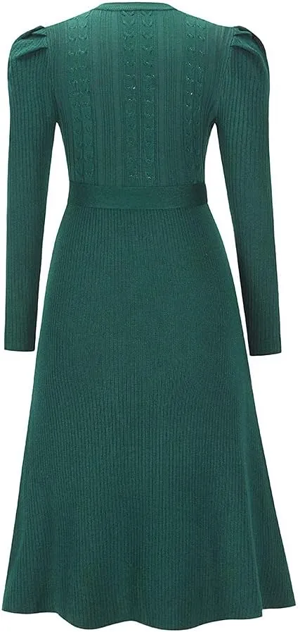 Guteidee Sweater Dress for Women High-Waisted Pleated Knit Dress A-Line Swing Skirt Sweater Puff Long Sleeve Midi Dress