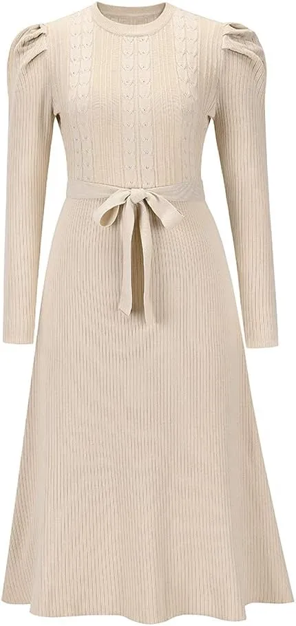 Guteidee Sweater Dress for Women High-Waisted Pleated Knit Dress A-Line Swing Skirt Sweater Puff Long Sleeve Midi Dress