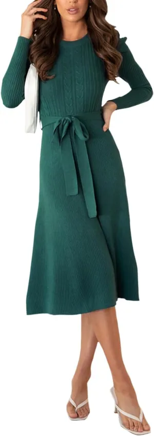 Guteidee Sweater Dress for Women High-Waisted Pleated Knit Dress A-Line Swing Skirt Sweater Puff Long Sleeve Midi Dress