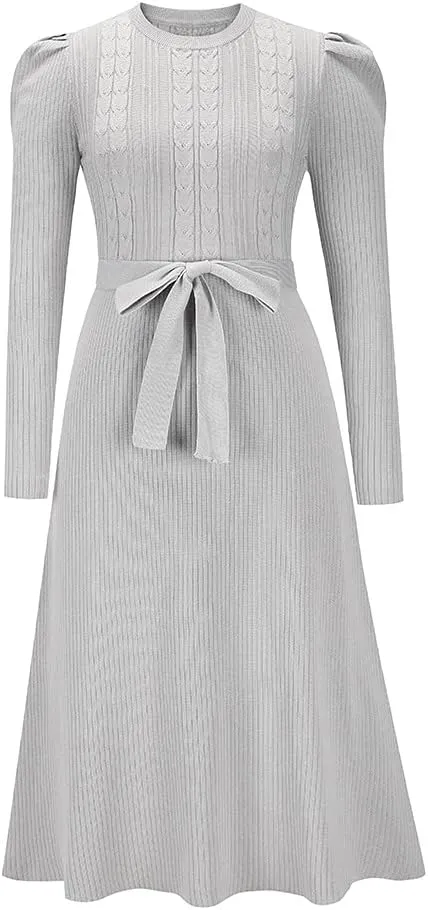 Guteidee Sweater Dress for Women High-Waisted Pleated Knit Dress A-Line Swing Skirt Sweater Puff Long Sleeve Midi Dress