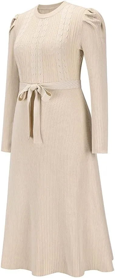Guteidee Sweater Dress for Women High-Waisted Pleated Knit Dress A-Line Swing Skirt Sweater Puff Long Sleeve Midi Dress