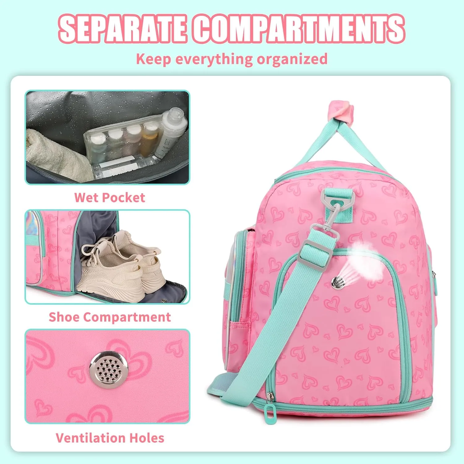 Gym Bag Travel Bag for Women with Shoes Compartment, Weekender Overnight Duffel Bag with Wet Pocket, Carry On Bag,Pink