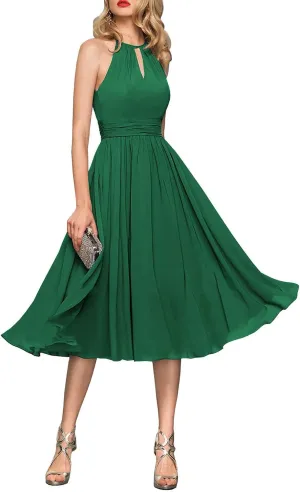 Halter Wedding Guest Dresses for Women Chiffon Short Bridesmaid Dress Formal Prom Midi Gown with Pockets