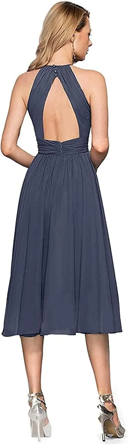 Halter Wedding Guest Dresses for Women Chiffon Short Bridesmaid Dress Formal Prom Midi Gown with Pockets