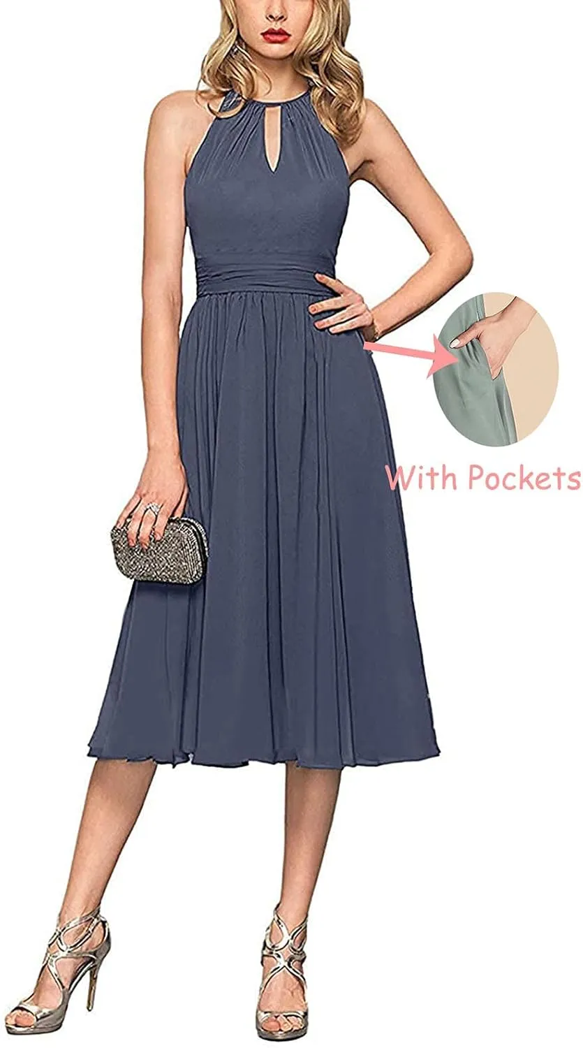 Halter Wedding Guest Dresses for Women Chiffon Short Bridesmaid Dress Formal Prom Midi Gown with Pockets