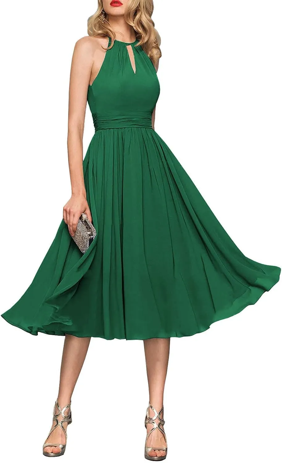 Halter Wedding Guest Dresses for Women Chiffon Short Bridesmaid Dress Formal Prom Midi Gown with Pockets