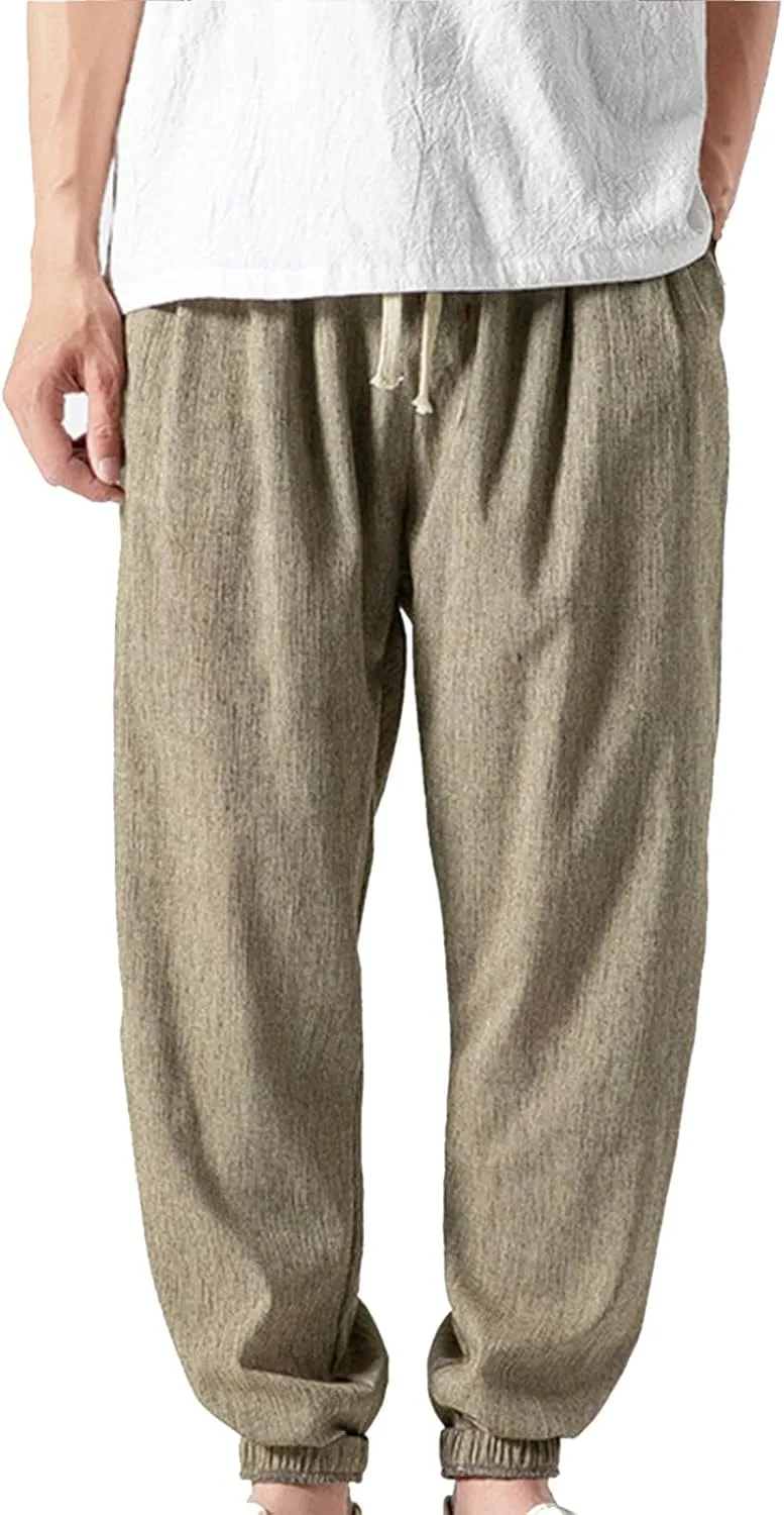 Harem Pants Men with Pockets Plus Size Drawstring Tapered Pants Elastic Waist Casual Summer Joggers Lounge Trousers