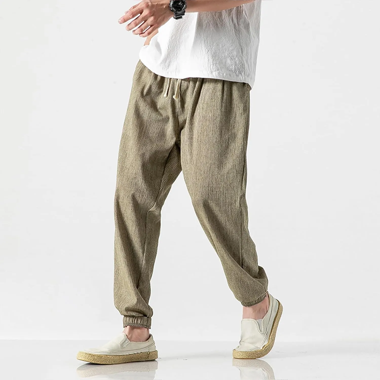 Harem Pants Men with Pockets Plus Size Drawstring Tapered Pants Elastic Waist Casual Summer Joggers Lounge Trousers