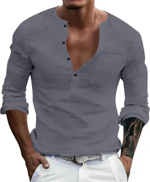 Henley Shirts for Men Long Sleeve Fitted Cotton Summer Casual V Neck Work Soft T Shirts Beach Vacation Basic Tees