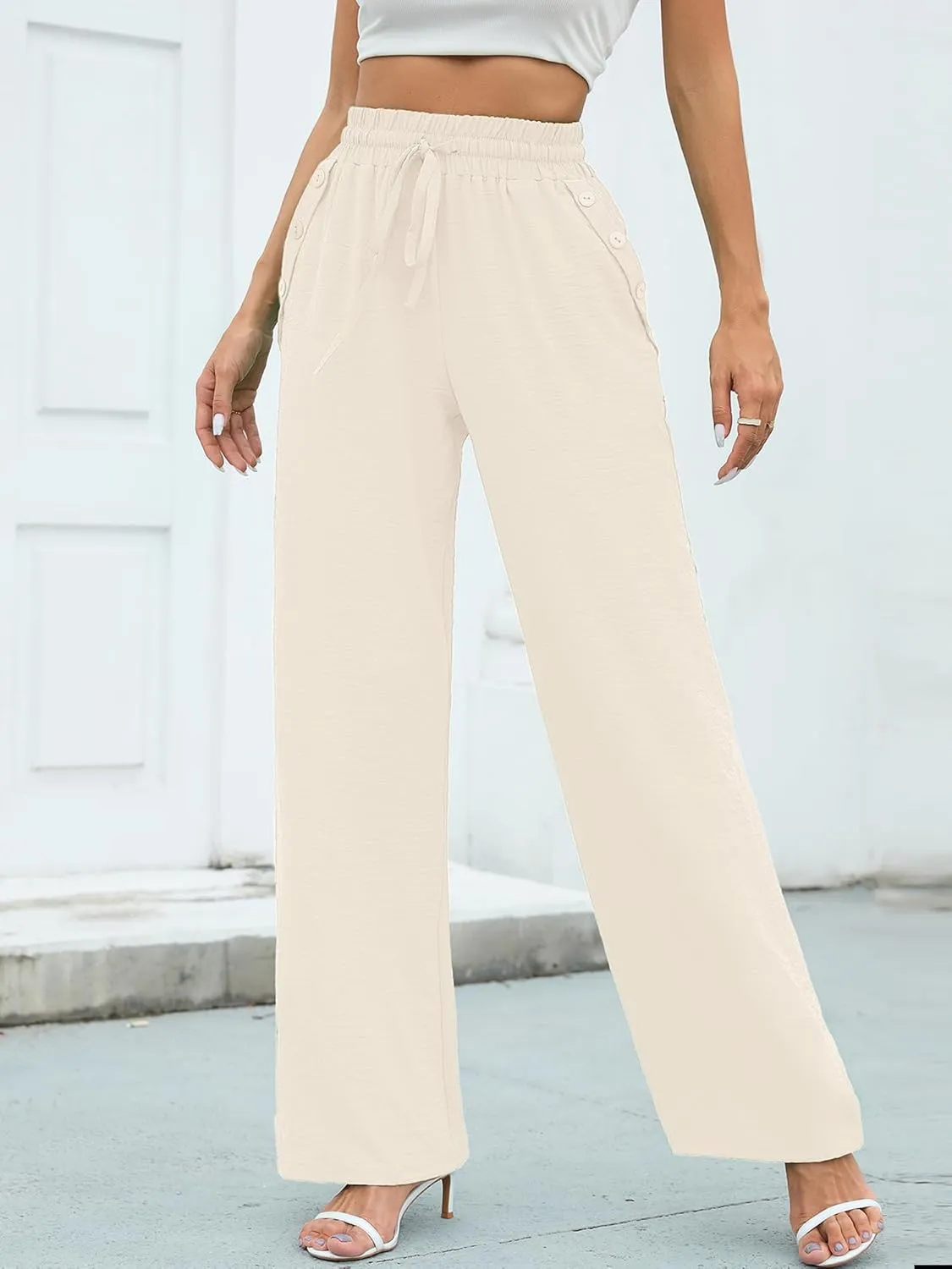 Heymoments Women's Wide Leg Lounge Pants Lightweight High Waisted Adjustable Tie Knot Loose Fit Trousers with Pockets