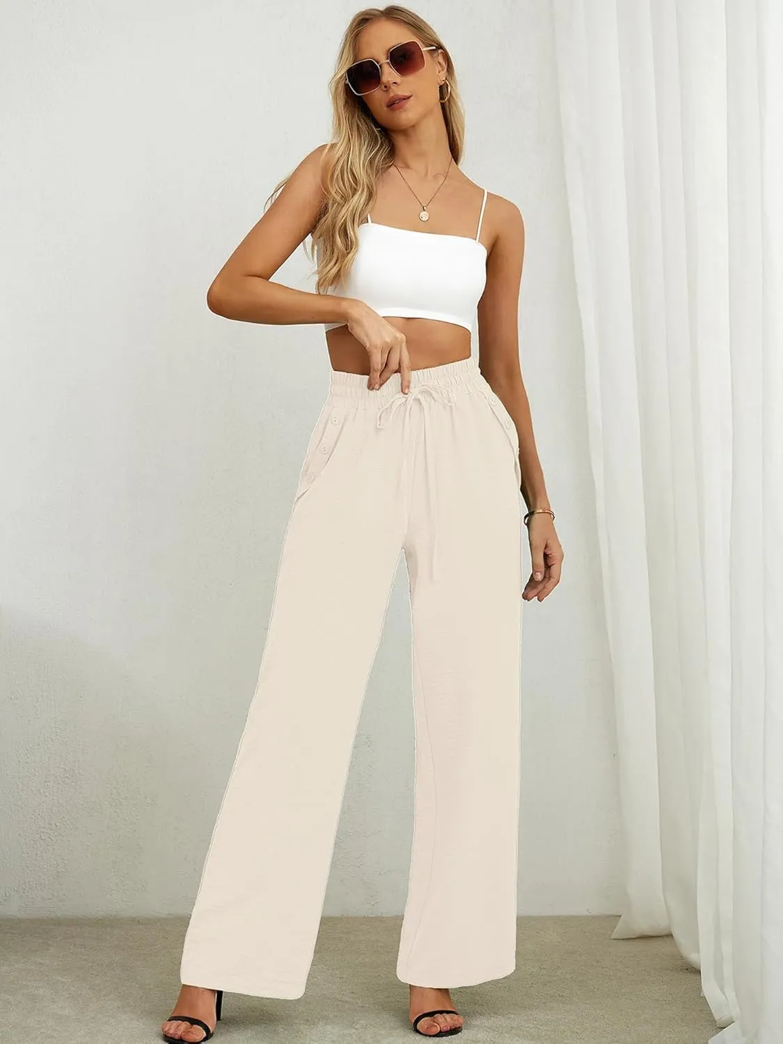Heymoments Women's Wide Leg Lounge Pants Lightweight High Waisted Adjustable Tie Knot Loose Fit Trousers with Pockets
