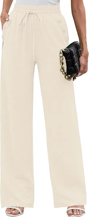 Heymoments Women's Wide Leg Lounge Pants Lightweight High Waisted Adjustable Tie Knot Loose Fit Trousers with Pockets