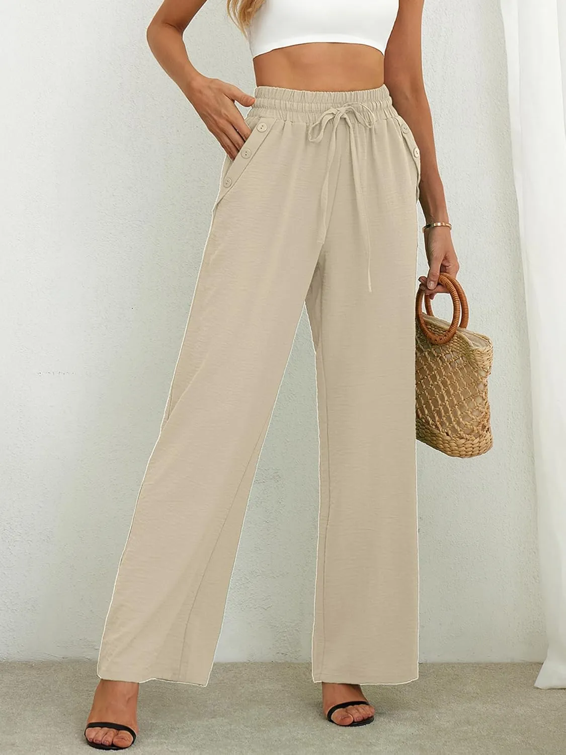 Heymoments Women's Wide Leg Lounge Pants Lightweight High Waisted Adjustable Tie Knot Loose Fit Trousers with Pockets
