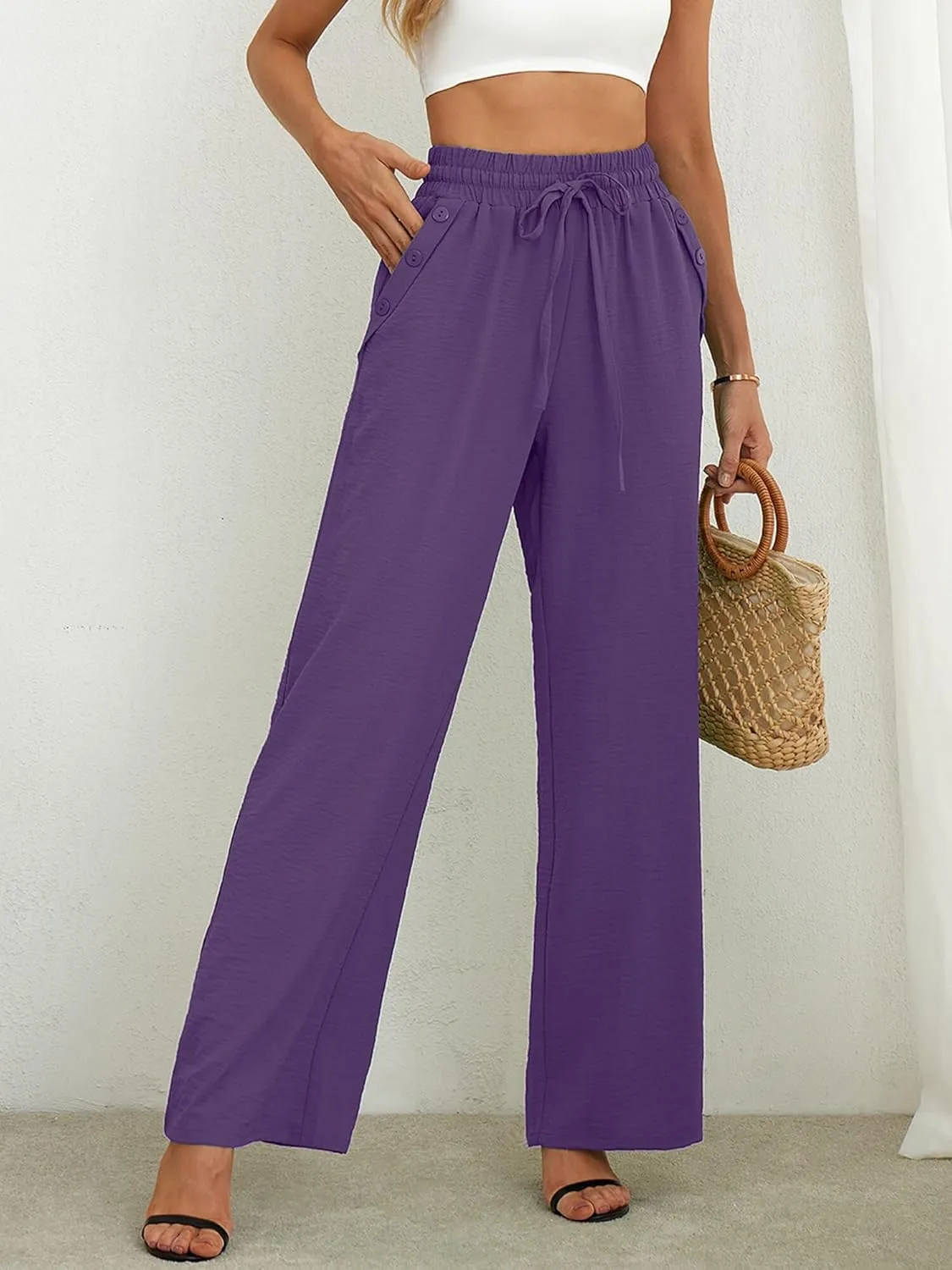 Heymoments Women's Wide Leg Lounge Pants with Pockets Lightweight High Waisted Palazzo Adjustable Tie Knot Flowy Trousers
