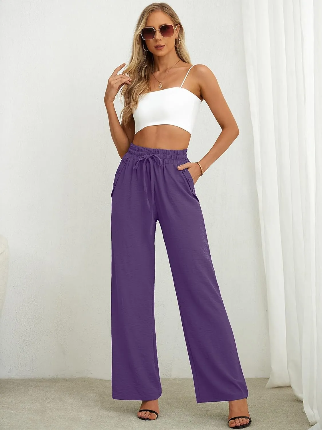 Heymoments Women's Wide Leg Lounge Pants with Pockets Lightweight High Waisted Palazzo Adjustable Tie Knot Flowy Trousers