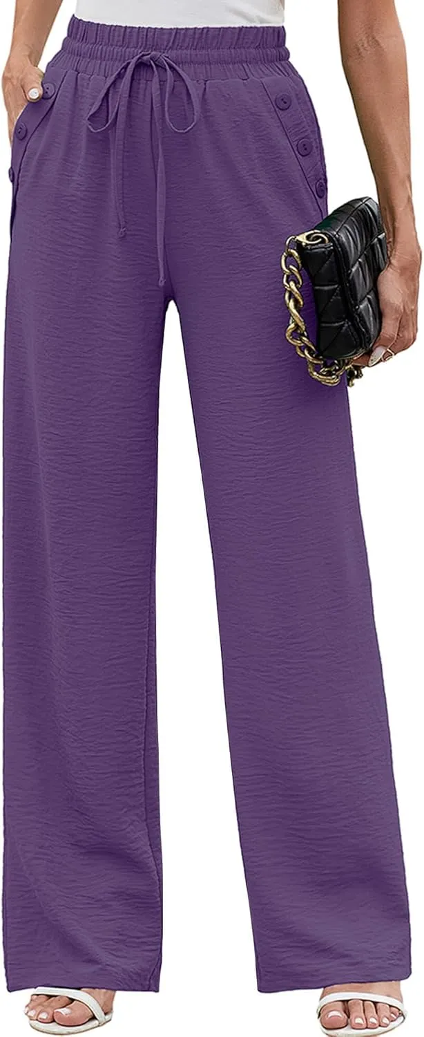 Heymoments Women's Wide Leg Lounge Pants with Pockets Lightweight High Waisted Palazzo Adjustable Tie Knot Flowy Trousers