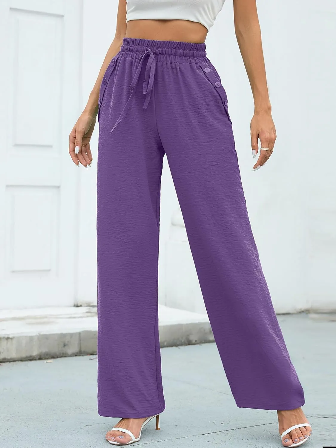 Heymoments Women's Wide Leg Lounge Pants with Pockets Lightweight High Waisted Palazzo Adjustable Tie Knot Flowy Trousers