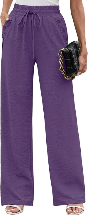 Heymoments Women's Wide Leg Lounge Pants with Pockets Lightweight High Waisted Palazzo Adjustable Tie Knot Flowy Trousers
