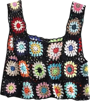 HGps8w Boho Crochet Crop Tank Top for Colorful Floral Embroidery Knit Vest Tops Hollow Out Camisole Beachwear