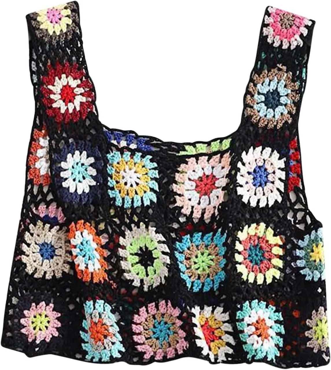 HGps8w Boho Crochet Crop Tank Top for Colorful Floral Embroidery Knit Vest Tops Hollow Out Camisole Beachwear