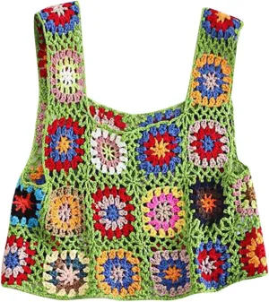 HGps8w Boho Crochet Crop Tank Top for Colorful Floral Embroidery Knit Vest Tops Hollow Out Camisole Beachwear