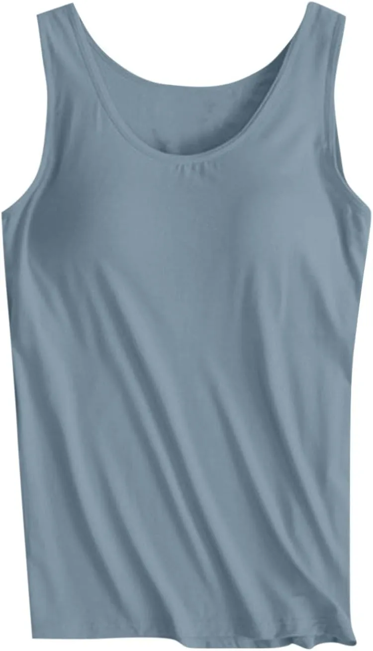 HGps8w Womens Plus Size Basic Tank Tops with Bulit-in-Bra, Crewneck Sleeveless Undershirts Casual 2025 Summer Workout Shirts