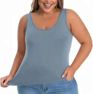 HGps8w Womens Plus Size Basic Tank Tops with Bulit-in-Bra, Crewneck Sleeveless Undershirts Casual 2025 Summer Workout Shirts