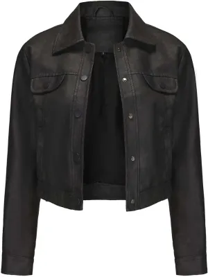 HGps8w Women's Vintage Distressed Cropped Faux Leather Jacket, Chic Lapel Zipper Up Casual PU Moto Bike Coat Outwear