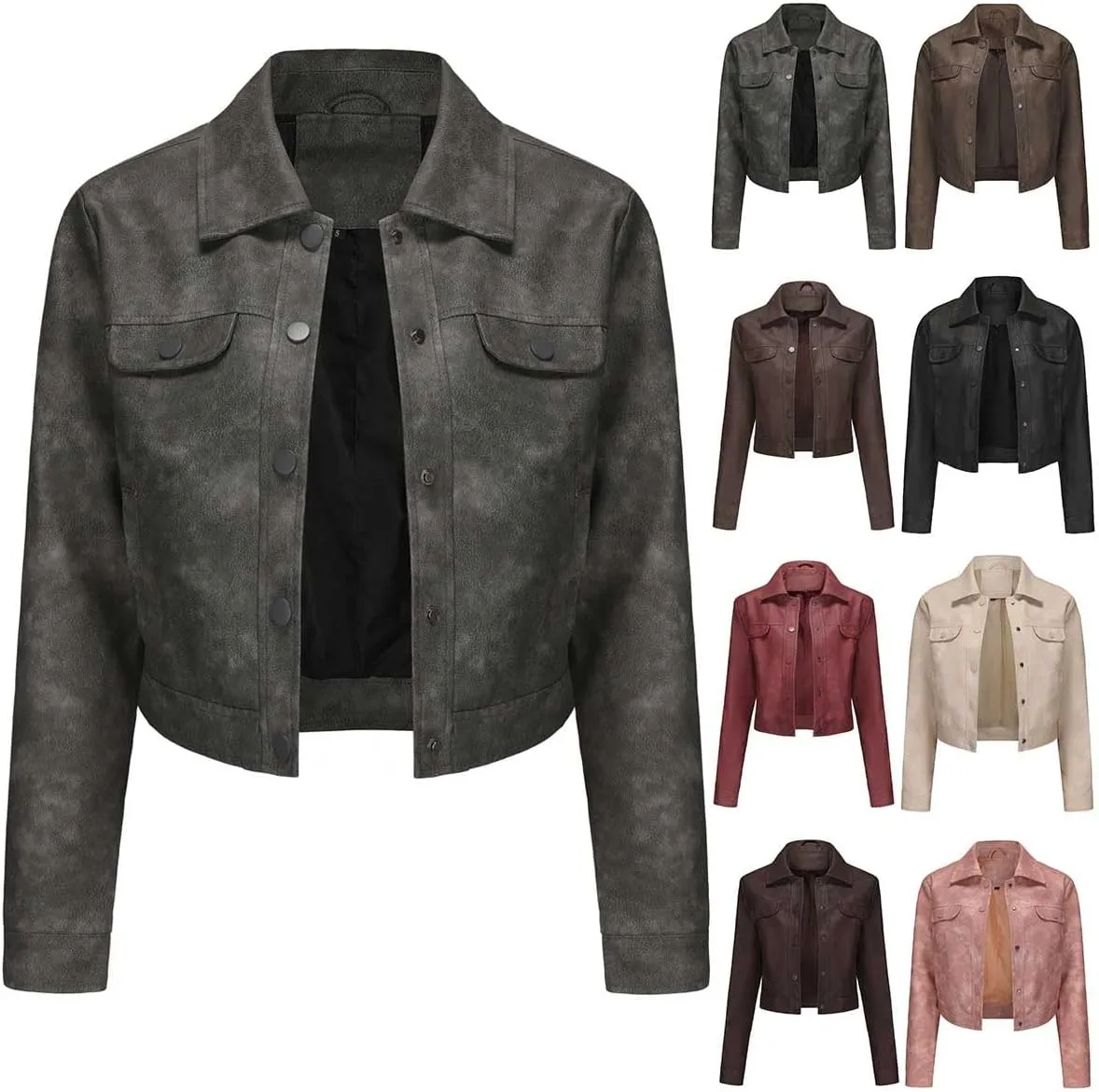HGps8w Women's Vintage Distressed Cropped Faux Leather Jacket, Chic Lapel Zipper Up Casual PU Moto Bike Coat Outwear