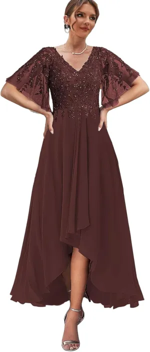 High Low Mother of The Bride Dresses for Women Lace Wedding Party Dress with Sleeves Chiffon Formal Gown