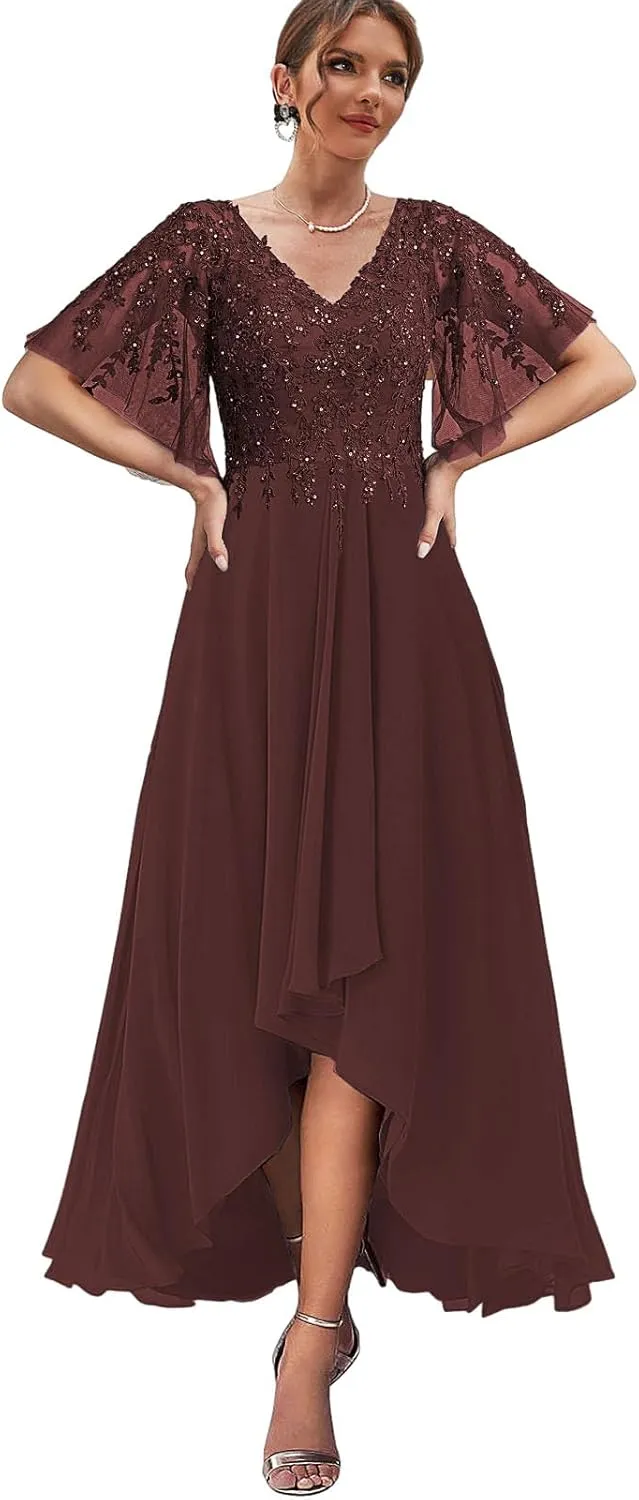 High Low Mother of The Bride Dresses for Women Lace Wedding Party Dress with Sleeves Chiffon Formal Gown