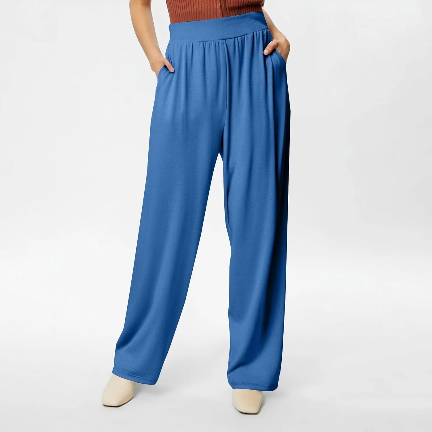 High Waisted Trousers Women Flowy Long Wide Leg Sweatpants Loose Fit Pleated Pull On Vacation Trousers with Pockets
