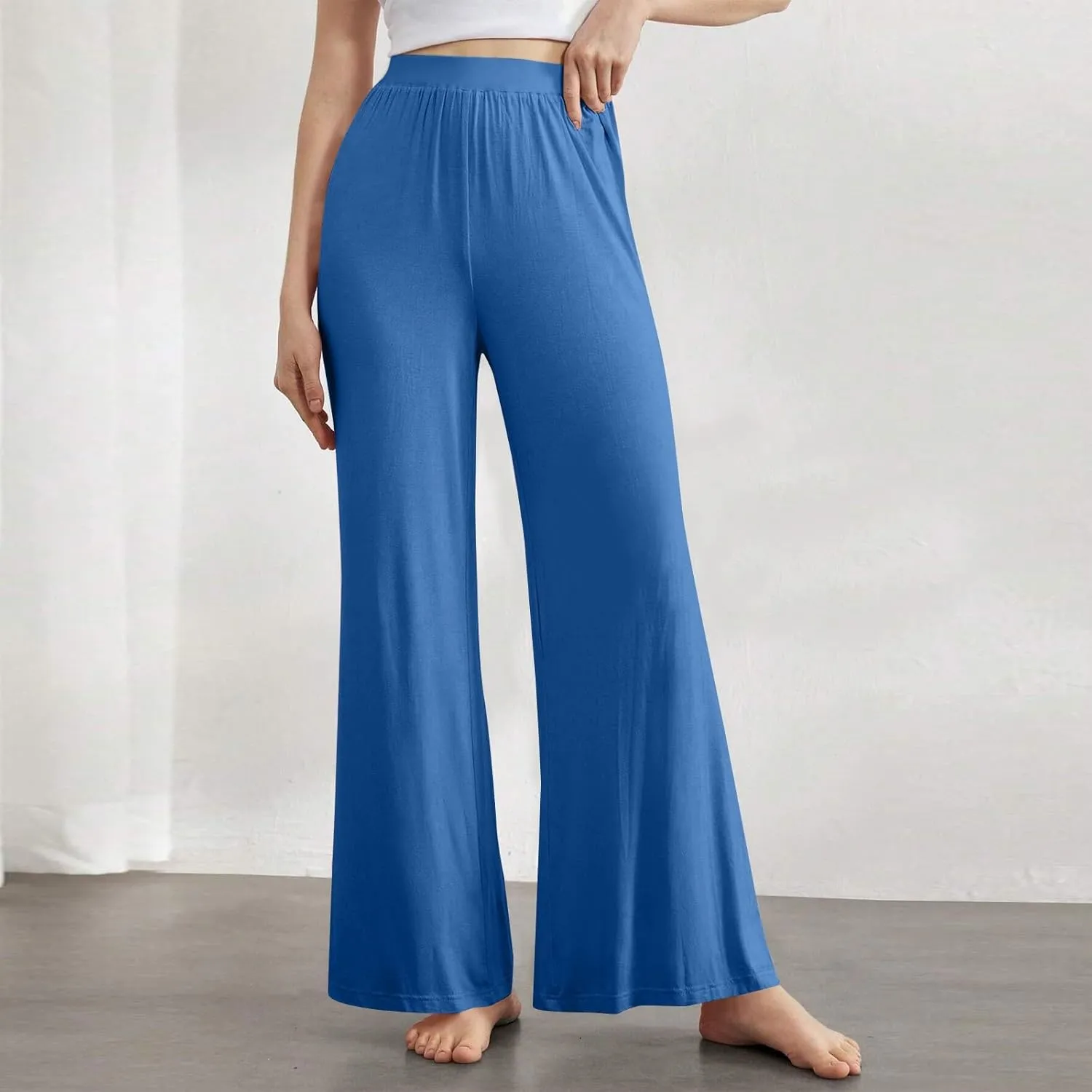 High Waisted Trousers Women Flowy Long Wide Leg Sweatpants Loose Fit Pleated Pull On Vacation Trousers with Pockets