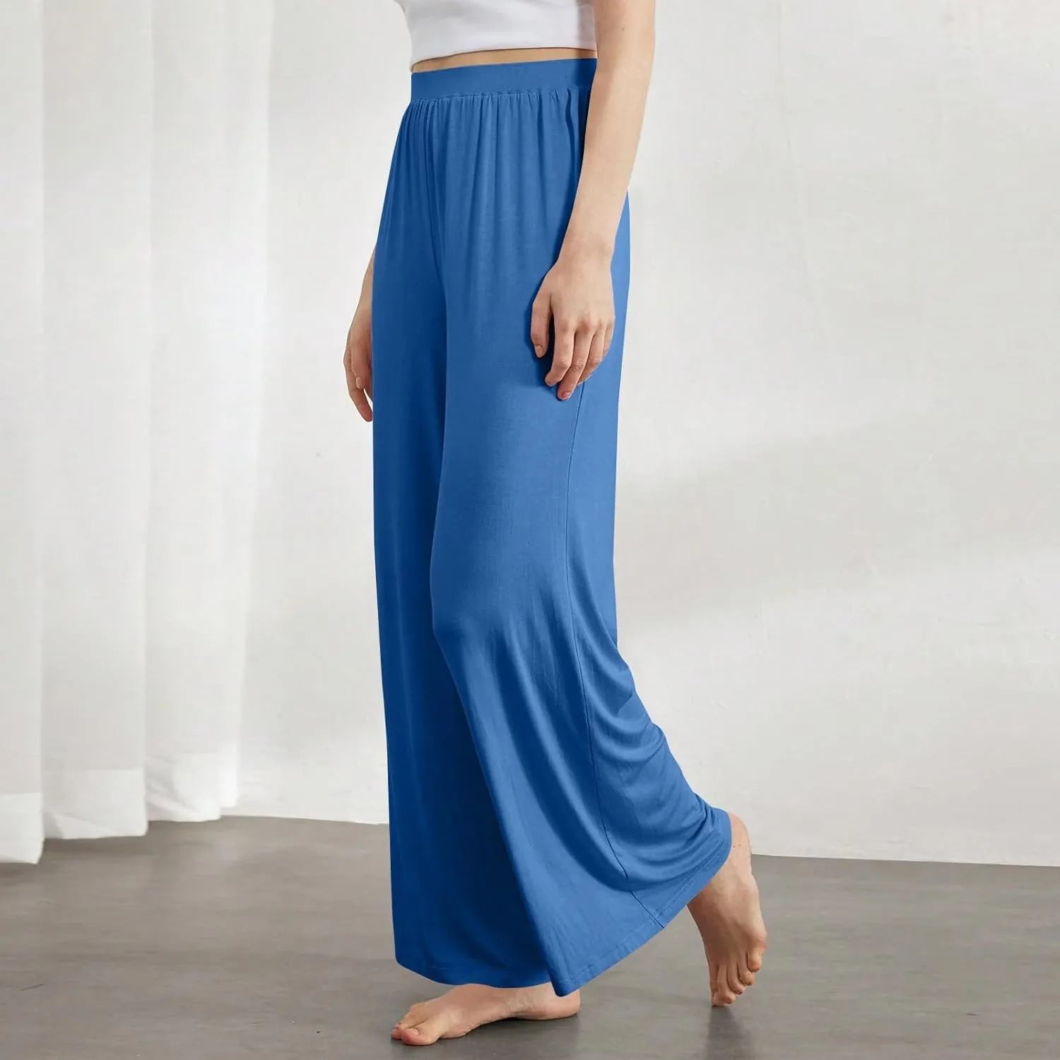 High Waisted Trousers Women Flowy Long Wide Leg Sweatpants Loose Fit Pleated Pull On Vacation Trousers with Pockets