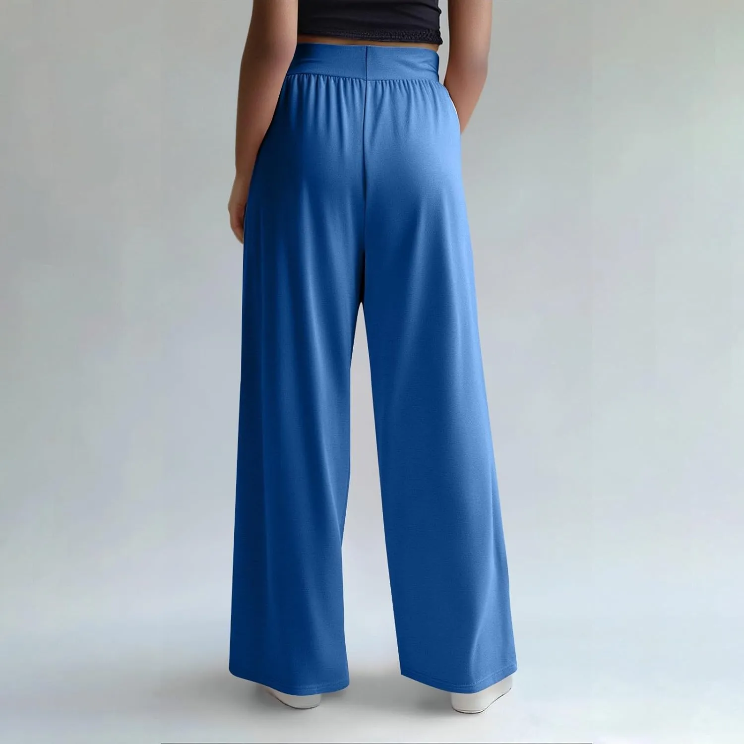 High Waisted Trousers Women Flowy Long Wide Leg Sweatpants Loose Fit Pleated Pull On Vacation Trousers with Pockets