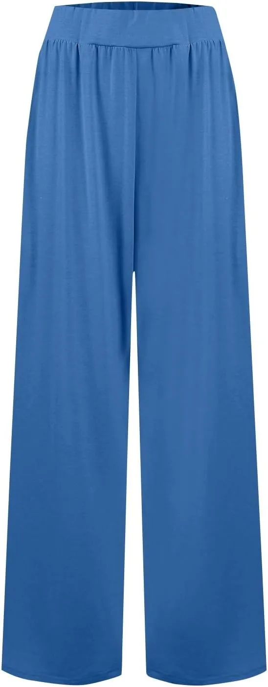 High Waisted Trousers Women Flowy Long Wide Leg Sweatpants Loose Fit Pleated Pull On Vacation Trousers with Pockets